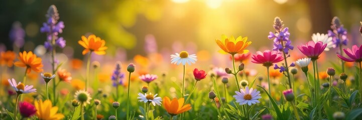 Vibrant wildflowers in full bloom, bathed in the warm sunlight of a fresh spring morning  Perfect for themes of renewal, growth, and the beauty of nature's awakening ,  fresh,  outdoor
