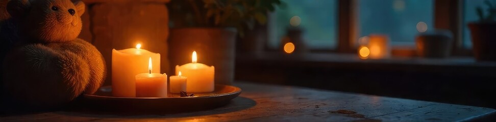 Warm, flickering candlelight illuminates a cozy interior scene, casting a gentle glow on surrounding objects Perfect for themes of relaxation, comfort, and ambiance , orange, warm, comfort