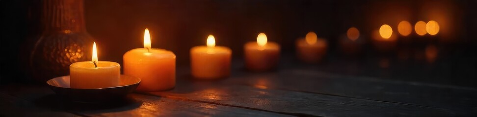 Warm, flickering candlelight illuminates a dark room, casting soft shadows and creating a cozy, intimate atmosphere Perfect for relaxation, romance, or spiritual themes , relaxation, serenity