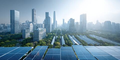 Modern city skyline with solar panels in foreground showcases integration of renewable energy in urban environments, highlighting sustainable infrastructure and green technology