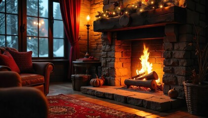 Warm, inviting fireplace hearth glowing with embers, ready to welcome guests  Cozy home interior scene with rustic decor, perfect for holiday or winter themes ,  inviting,  warm,  house