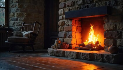 Warm, inviting glow of a fireplace, casting a comforting, ambient light on a rustic stone wall Perfect for cozy home, winter, autumn, or relaxation themes , ambient, old, glow