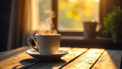 Warm morning light streams through a window onto a steaming mug of coffee, sitting on a rustic wooden table next to a blurred, out-of-focus background , home, beverage
