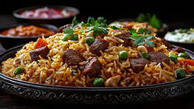 Flavorful Biryani with Tender Meat Basmati Rice Peas Carrots and Cashews Garnished with Cilantro on a Traditional Plate