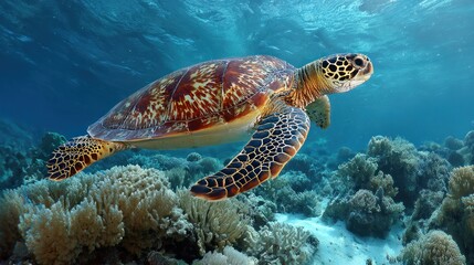 Fototapeta premium Sea turtle swimming gracefully in the clear blue ocean water over a vibrant coral reef ecosystem in the pacific ocean
