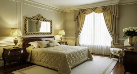 Luxurious and Elegant Bedroom Interior Design with Ornate Gold Accents, Featuring a Plush Bed, Classic Wooden Furnishings, Warm Lighting, and Stylish Window Drapes.
