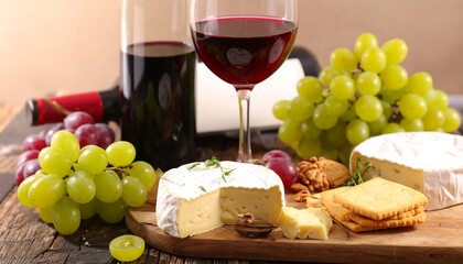 A delightful display of cheese, grapes, wine, and crackers arranged on a wooden board, creating a sophisticated and inviting food-and-drink still life.