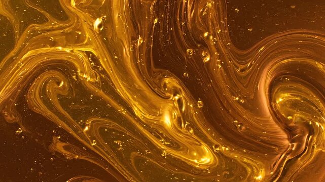 A seamlessly looping video of cosmic molten gold and bronze hues slowly dripping and merging, forming a luminous, fluid pattern metal, design, artistic