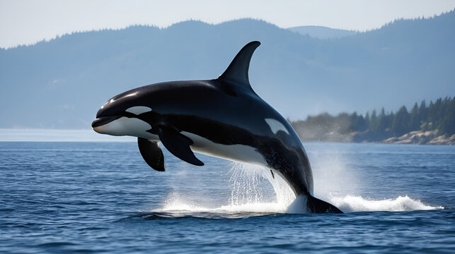 Orca whale breaching out of the ocean water killer whale