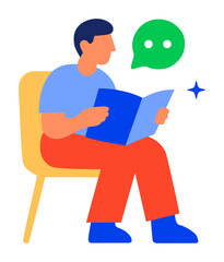 Vector illustration of man reading document with chat bubble. Corporate Memphis flat colorful vector style for communication and learning concepts.