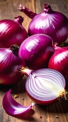 Close-up view of vibrant purple onions, whole and sliced, displayed on a rustic wooden surface.