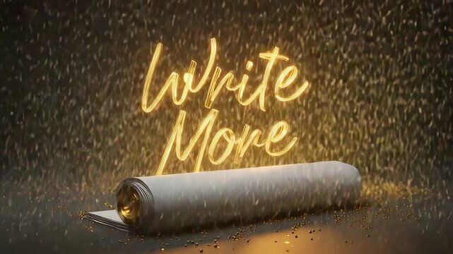 Minimal clean poster with open scroll glowing in golden light, radiant text "Write More"