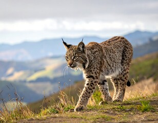 Obraz premium A majestic lynx, with its distinctive spots, gracefully strides along a hilltop overlooking a scenic landscape.