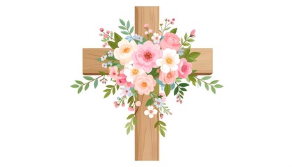 A wooden cross adorned with a vibrant bouquet of pastel-colored flowers, creating a serene and peaceful visual.