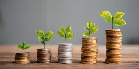 Stacks of coins with small green plants growing on top symbolize sustainable finance and growth. image conveys concept of investment in eco friendly projects and financial growth