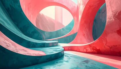 A vibrant, abstract architectural interior design showcasing flowing, textured forms in coral and teal tones.
