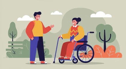 Compassionate Support: An illustrated scene depicting empathy and care, a helping hand reaches out to an individual in a wheelchair.
