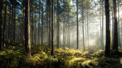 "Magical Forest Scene with Sunlight Beams Through Trees – Nature Landscape Photography"
