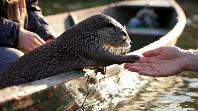 Person feeding wet otter in boat on a lake, bonding with wildlife