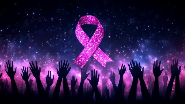 United in Hope: A Crowd Celebrates the Glowing Pink Ribbon for Breast Cancer Awareness