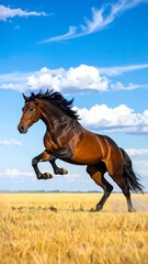 A majestic brown horse leaps gracefully in a golden wheat field against a vibrant blue sky dotted with fluffy clouds.