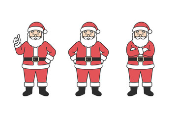 Santa Claus character set showing different poses with cheerful expressions, red suit, belt, boots and hat, festive Christmas mascot for holiday and celebration. Flat vector illustration