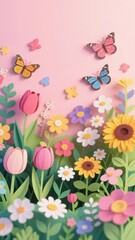 Colorful garden scene with tulips, daisies, sunflowers, and butterflies on a soft pink background