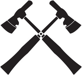 Bold silhouette icon of two crossed knife-edge hammers, symbolizing precision cutting and industrial strength. Ideal for illustrating metalworking, engineering precision, and tool craftsmanship.