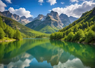 Fototapeta premium Serene mountain lake surrounded by towering peaks and lush green forests of Dagestan region