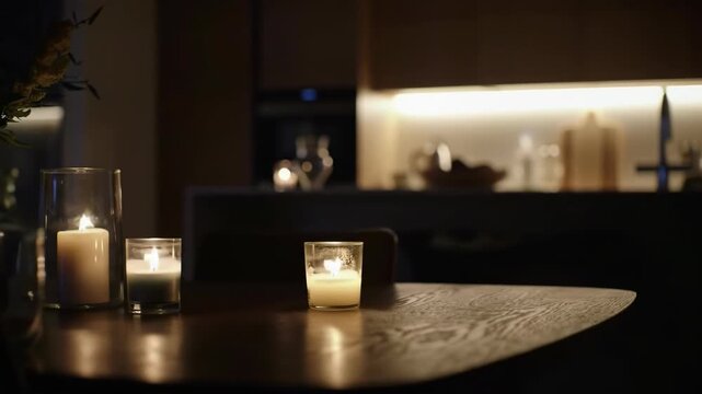 Candles on table illuminate a dark interior at night home setting