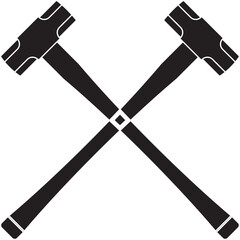 Bold silhouette icon of two crossed sledgehammers, symbolizing strength and demolition. Ideal for illustrating construction, heavy labor, industrial power, breaking work, and rugged craftsmanship.