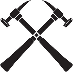 Bold silhouette icon of two crossed mechanic's hammers, symbolizing repair expertise. Perfect for automotive work, mechanical skills, tool mastery, industrial maintenance, and engineering precision.