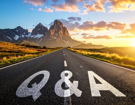 A scenic mountain road leads onward, with Q&A written in white letters on the asphalt, symbolizing a journey of discovery and seeking answers.