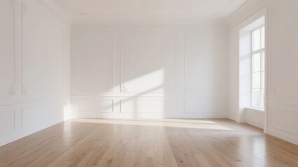 Empty minimalist room with white walls, wooden floor, and natural light from a window