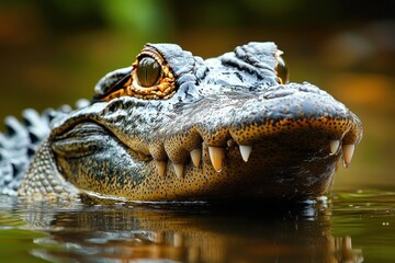 Obraz premium Close-up of a crocodile partially submerged in water with detailed scales, sharp teeth, and focused eyes, conveying a sense of alertness and strength