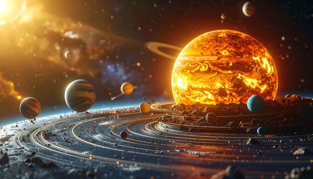 A vibrant illustration showcases a fiery central star, surrounded by orbiting planets and numerous rings, creating a breathtaking cosmic scene. - Powered by Adobe