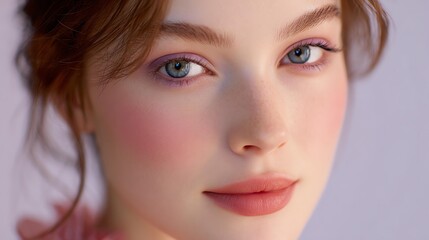 Fototapeta premium Satin Skin Editorial Portraits with Watercolor Blush, Glossy Glow, and Radiant Makeup for Skincare, Beauty Ads, and Aesthetic Branding – Close-Up Portrait of a Young Woman with Natural Makeup and