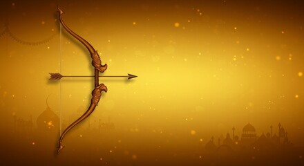 Victory of Rama Dussehra banner background, bow and arrow on golden gradient 