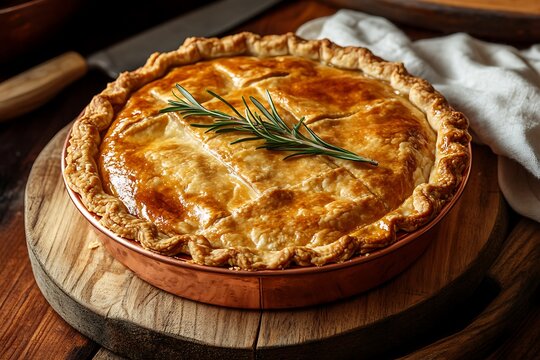 Golden homemade pie with rosemary garnish on rustic wood surface closeup