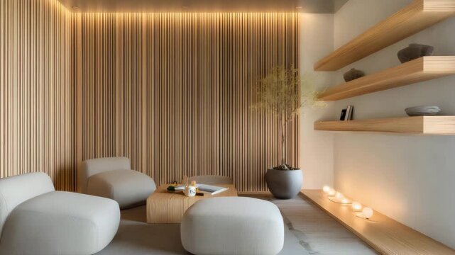 Minimalist living room with vertical wooden wall cladding and floating wood shelves, paired with soft neutral furniture