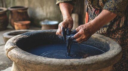 Traditional indigo dyeing process artisan workshop craft technique cultural heritage close-up artistry