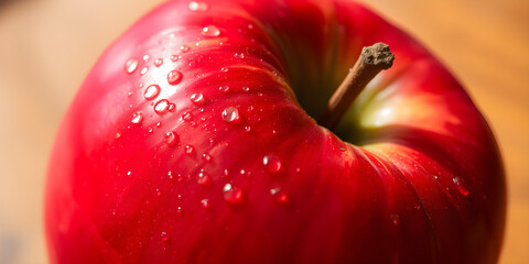 Close-up view of a fresh red apple with droplets of water glistening on its surface reflecting natural light in an inviting setting.A vibrant red apple is displayed in sharp focus, revealing