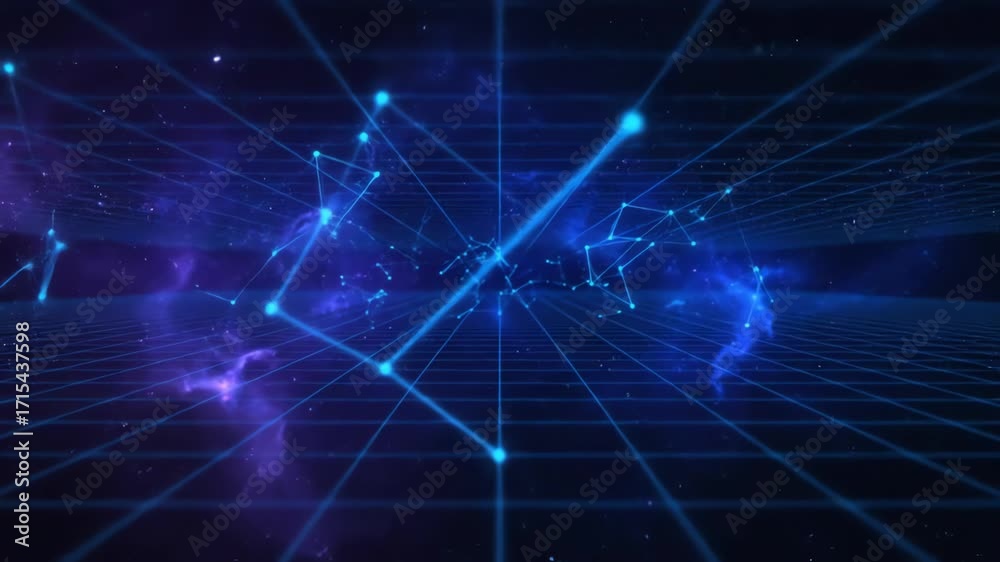 Poster abstract cybernetic blue grid lines animate and shift in a seamlessly looping digital galaxy backgro