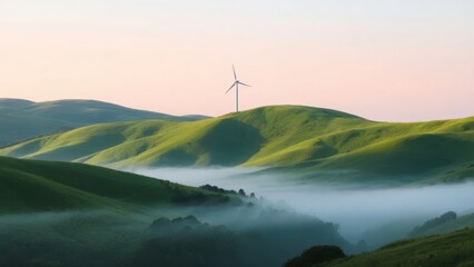 Wind turbine on rolling green hills with morning mist at dawn