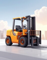 A bright yellow forklift stands on a concrete surface, with a cityscape backdrop.