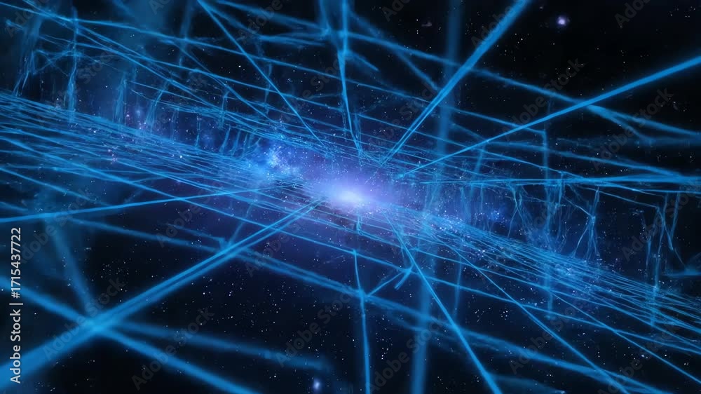Wall mural abstract cybernetic blue grid lines animate and shift in a seamlessly looping digital galaxy backgro