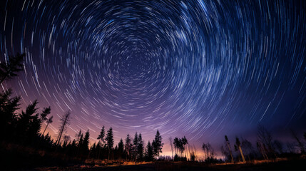 Star trails capture serene forest landscape night photography tranquil environment wide-angle view celestial motion