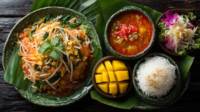 Delicious thai cuisine feast thailand food presentation tropical setting close-up culinary experience