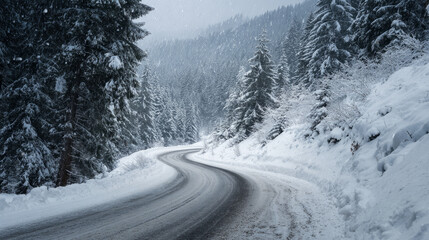 Winter road journey snowy mountains scenic landscape serene environment curved viewpoint nature's beauty