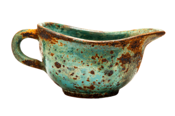 a blue and brown gravy cup on a white background